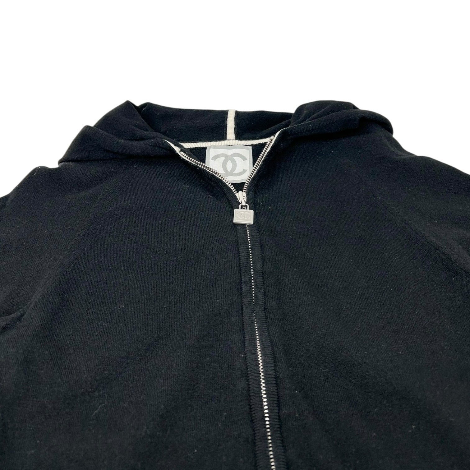 CHANEL Sport Vintage 04A CC Logo Jacket Top Hoodie #40 Black White Wool Zip