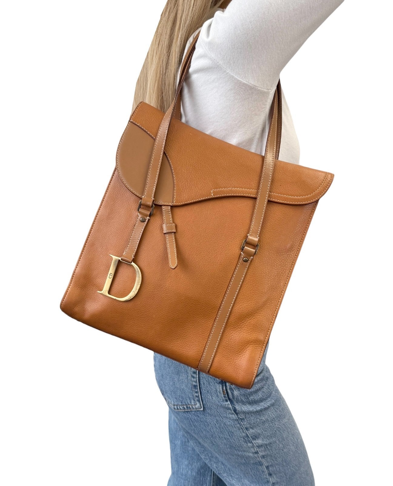 Christian Dior Vintage 2002 Logo Saddle Shoulder Tote Bag Camel Gold Leather