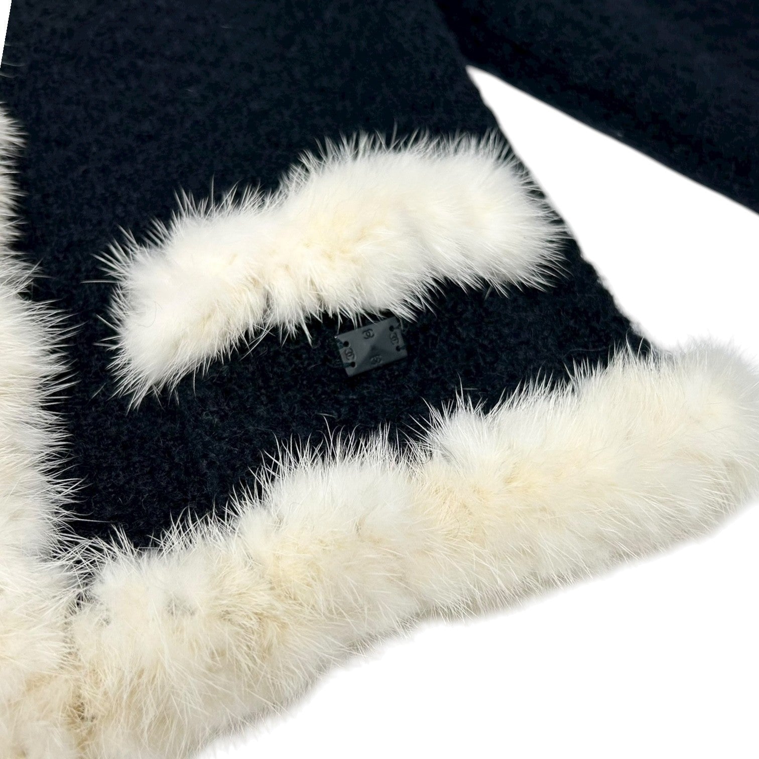 CHANEL Vintage 03A CC Logo Button Trim Fur Knit Jacket #38 Black White Mohair