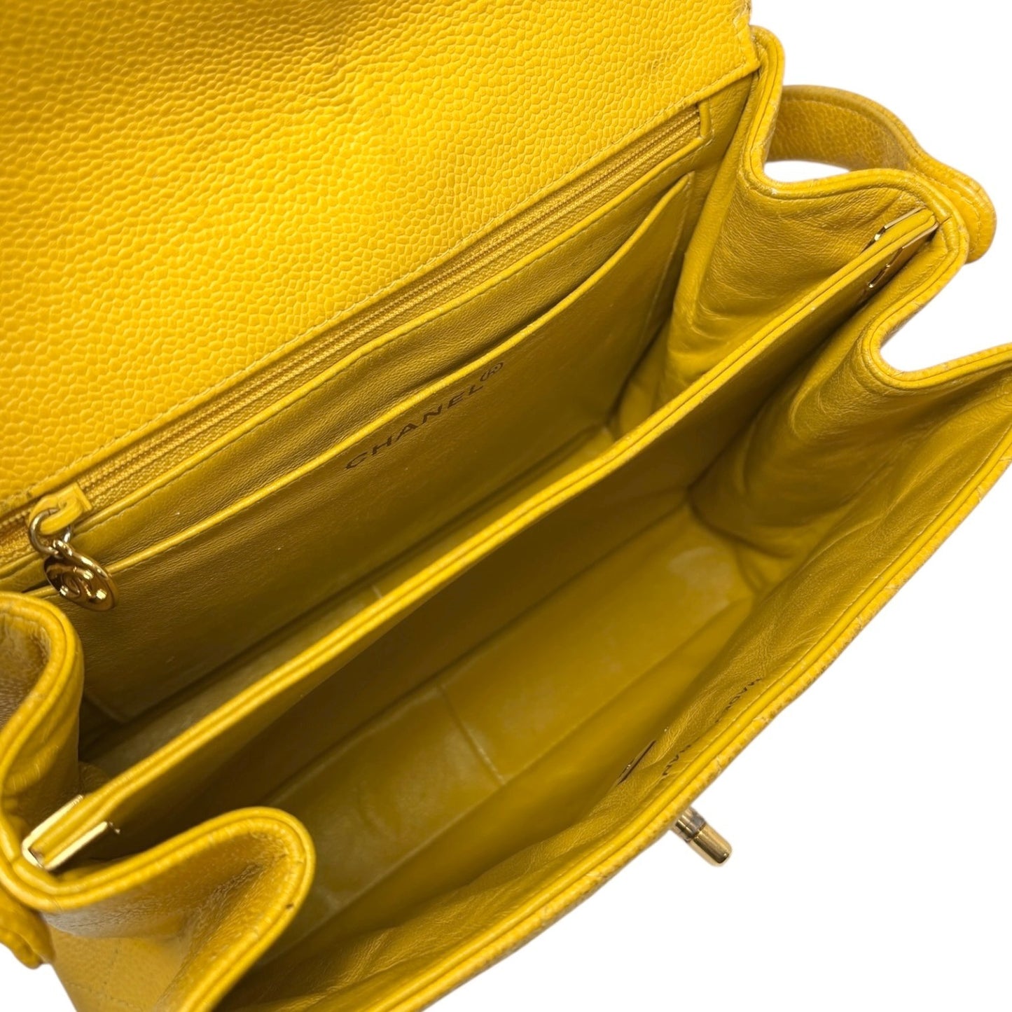 CHANEL Vintage CC Logo Turnlock Quilted Flap Shoulder Bag Yellow Gold Leather