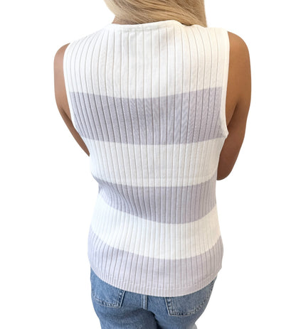 CHANEL Vintage 98P CC Stripe Rib Knit Tank Top #40 White Purple Cotton 902266