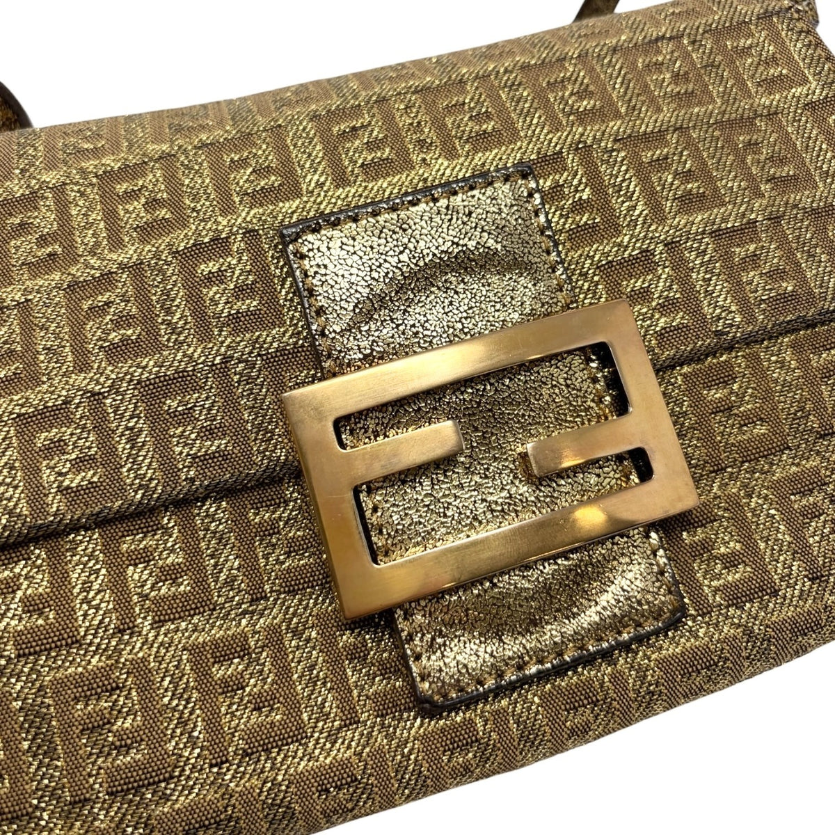 FENDI Vintage FF Logo Mamma Baguette Mini Shoulder Bag Pochette Gold 902053