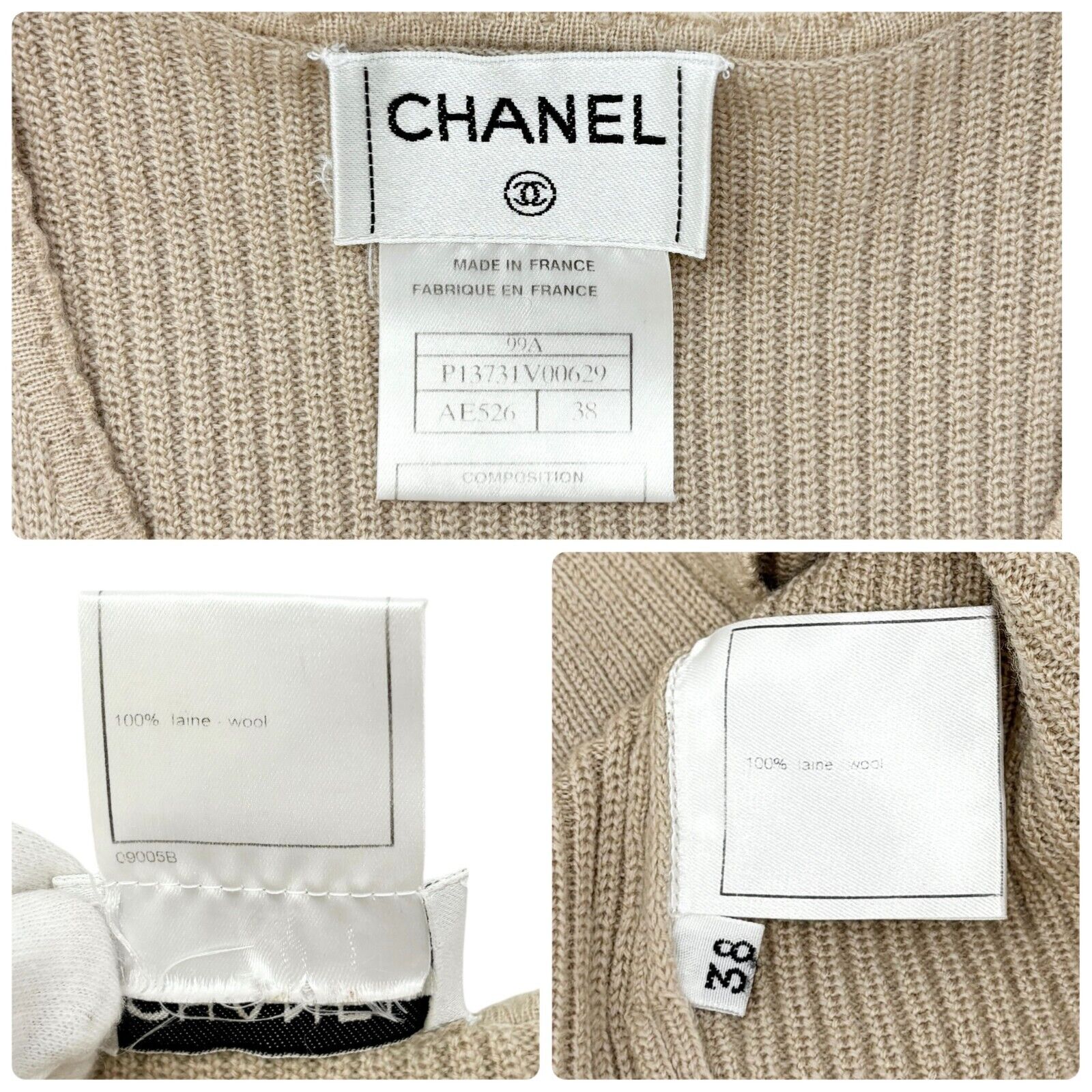 CHANEL Vintage 99A CC Logo Rib Tank Top #38 Dark Beige Silver Wool Rank AB