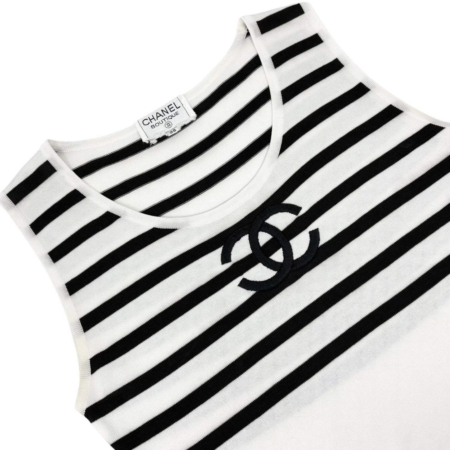 CHANEL Vintage CC Logo Striped Knit Tank Top #38 Black White Cotton 902421