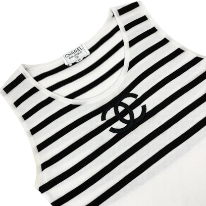 CHANEL Vintage CC Logo Striped Knit Tank Top #38 Black White Cotton 902421