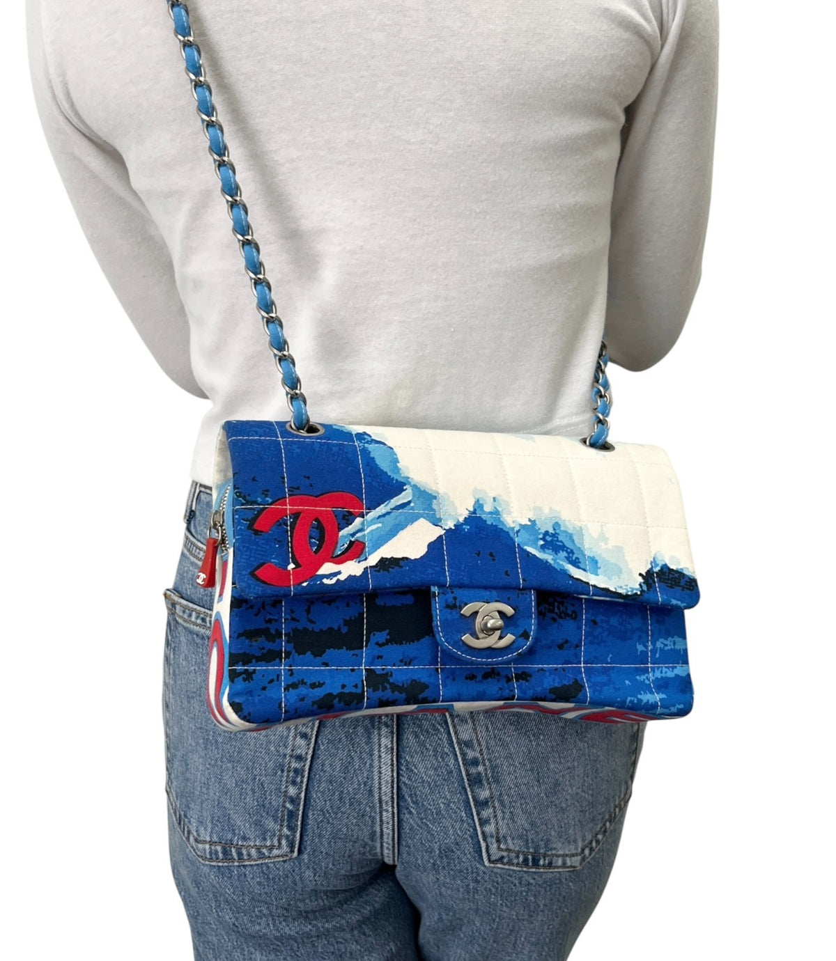CHANEL Vintage CC Surf Turnlock Chain Flap Crossbody Bag Blue Canvas 902363