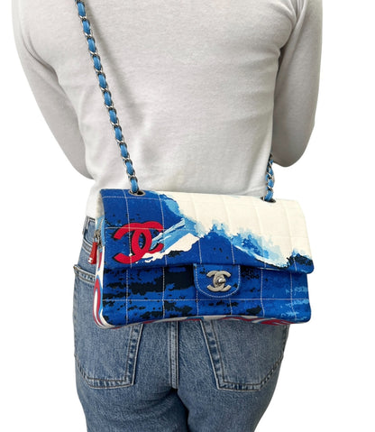 CHANEL Vintage CC Surf Turnlock Chain Flap Crossbody Bag Blue Canvas 902363