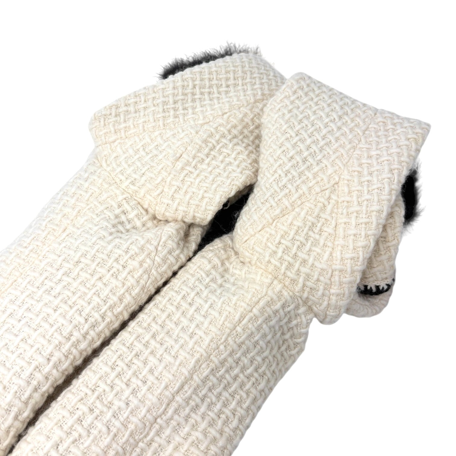 CHANEL Vintage 00A CC Logo Tweed Long Coat Fur Jacket #38 Zip Cream Black Wool