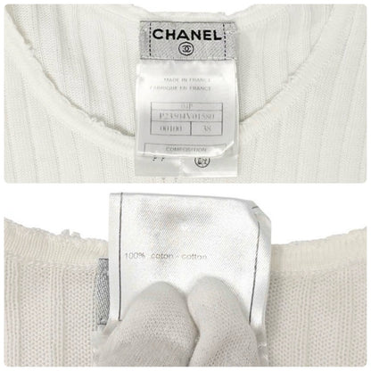 CHANEL Vintage 04P CC Mark Logo Knit T-shirt Top Rib Short Sleeve White Cotton