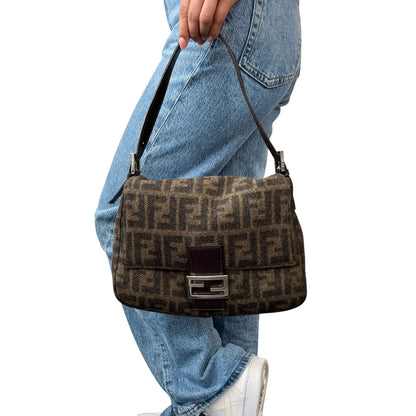 FENDI Vintage FF Zucca Cashmere Knit Mamma Baguette Shoulder Bag Brown 902052