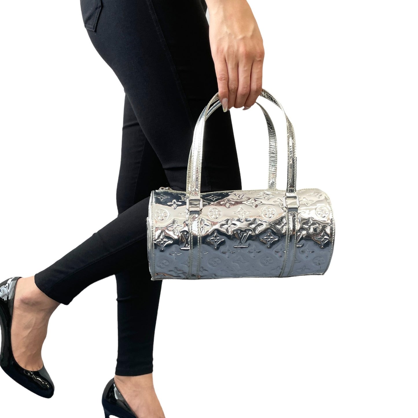 LOUIS VUITTON Vintage LV Monogram Miroir Papillon Barrel Bag Metallic Silver