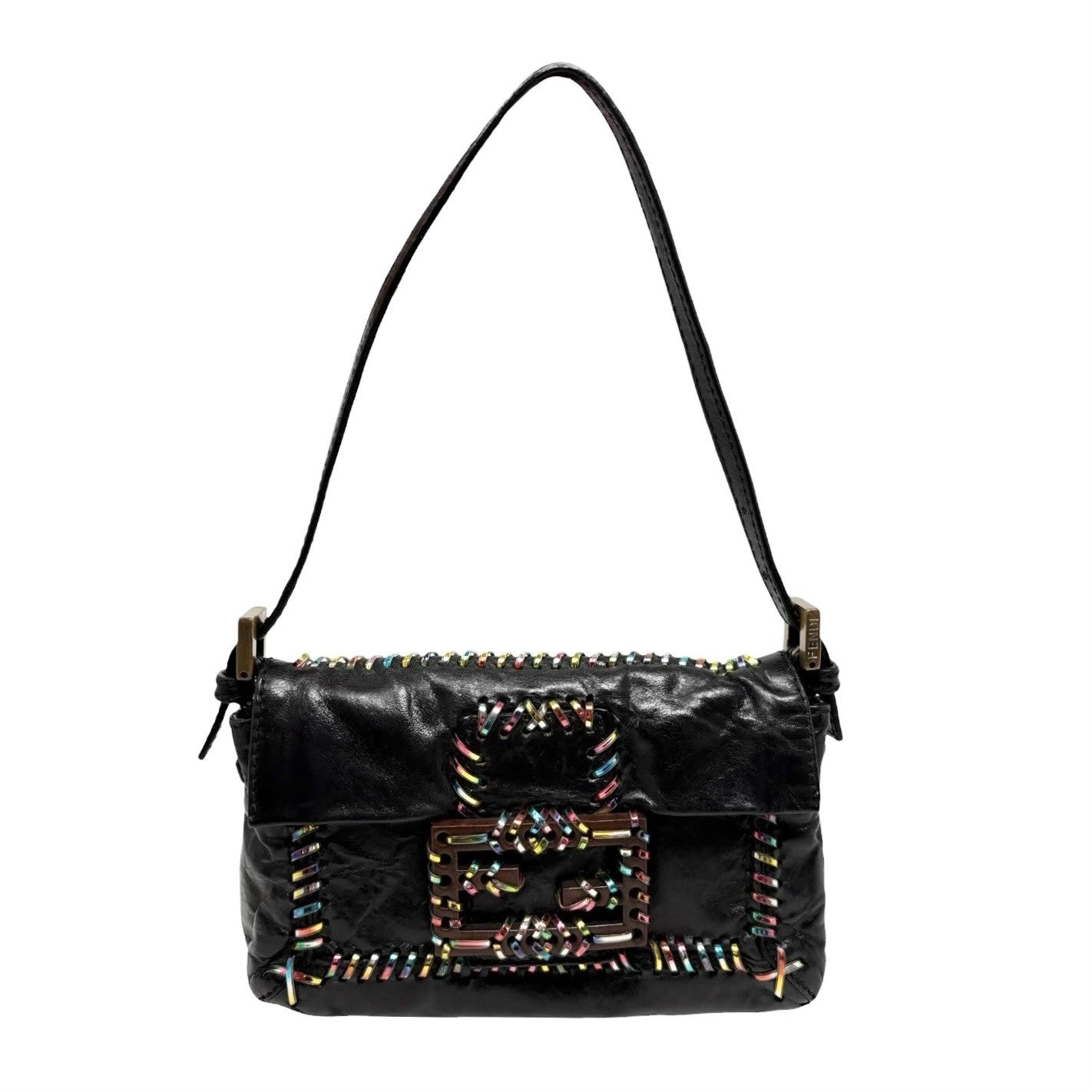 FENDI Vintage Mamma Baguette Multicolor Whipstitch Mini Bag Black 901874