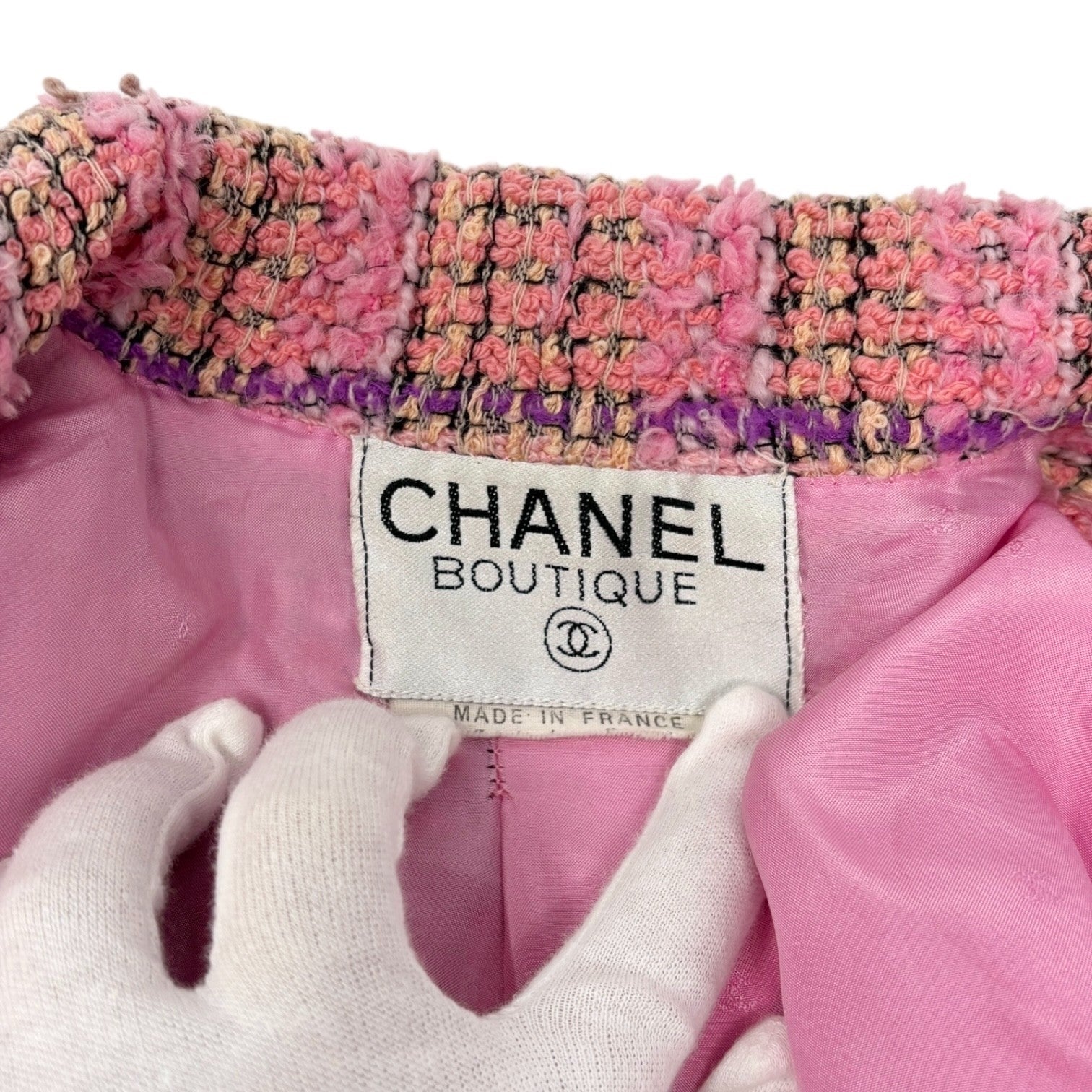 CHANEL Vintage 94A CC Logo Button Tweed Blazer Jacket Pink Multicolor Wool