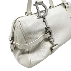 Christian Dior Vintage Logo Charm Shoulder Bag Zip White Silver Leather RankAB