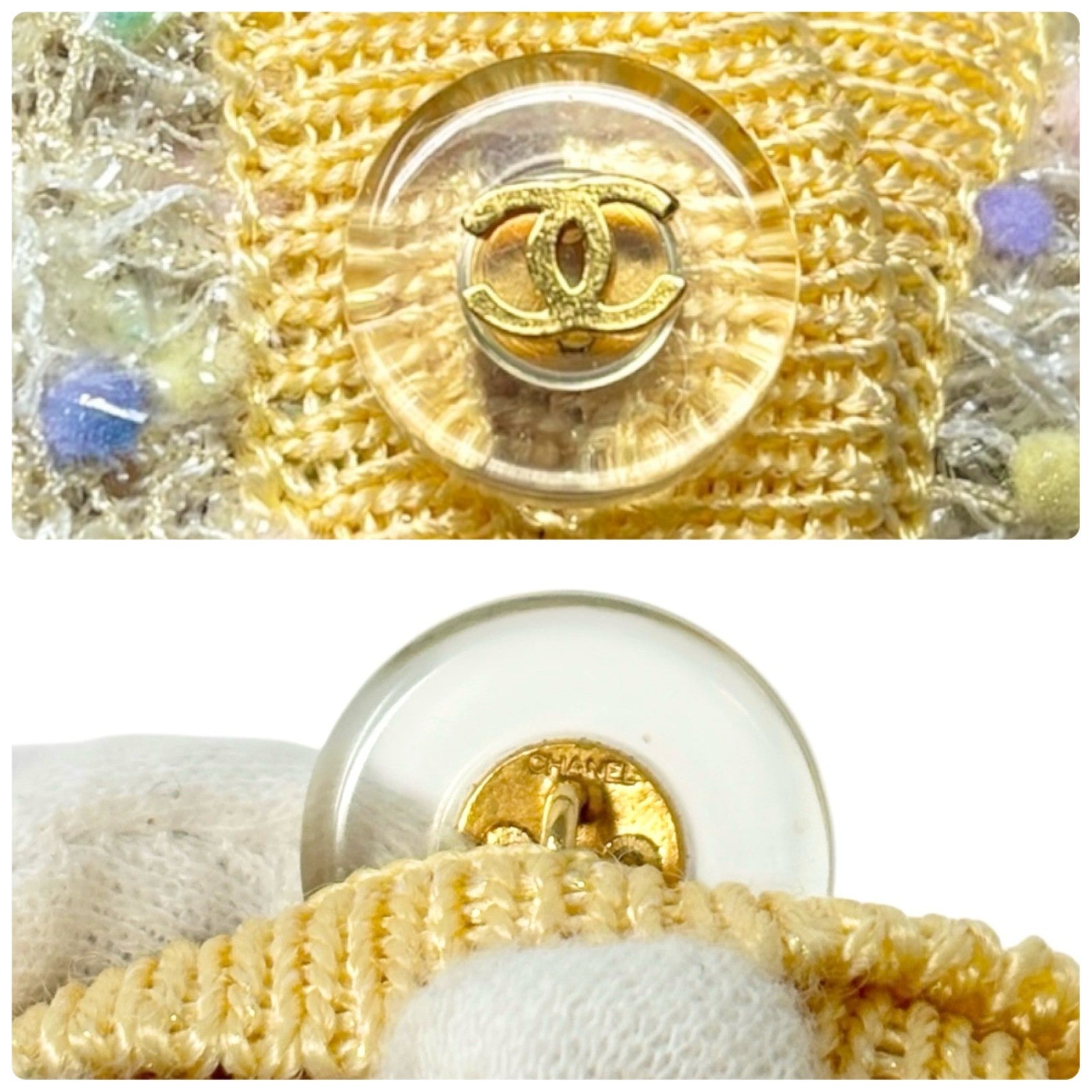 CHANEL Vintage 97P CC Mark Logo Tweed Cardigan #38 Sweater Yellow Nylon