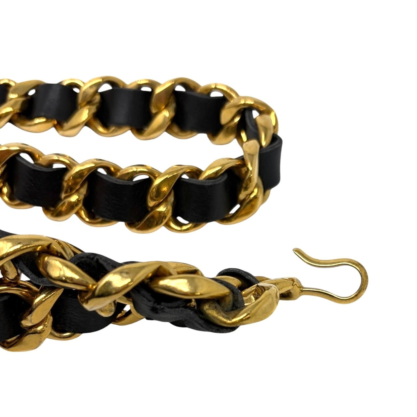 CHANEL Vintage 93A Double CC Logo Leather Chain Belt Black Gold Metal 902577