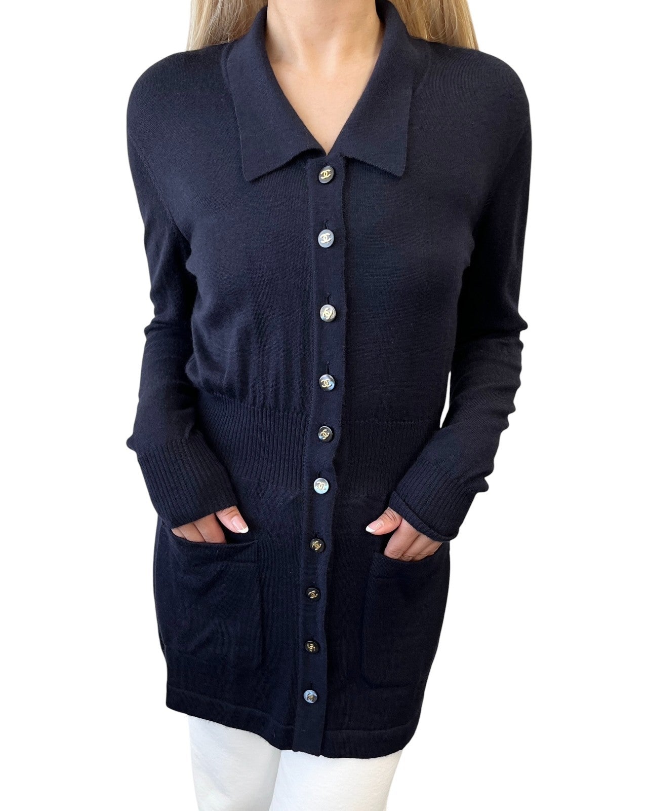 CHANEL Vintage 94A CC Button Cashmere Long Cardigan #40 Dark Blue Gold 902012