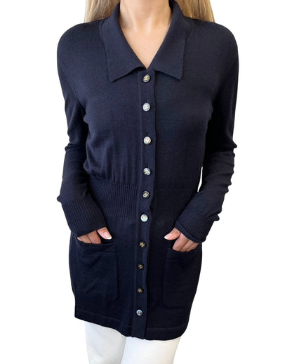 CHANEL Vintage 94A CC Button Cashmere Long Cardigan #40 Dark Blue Gold 902012