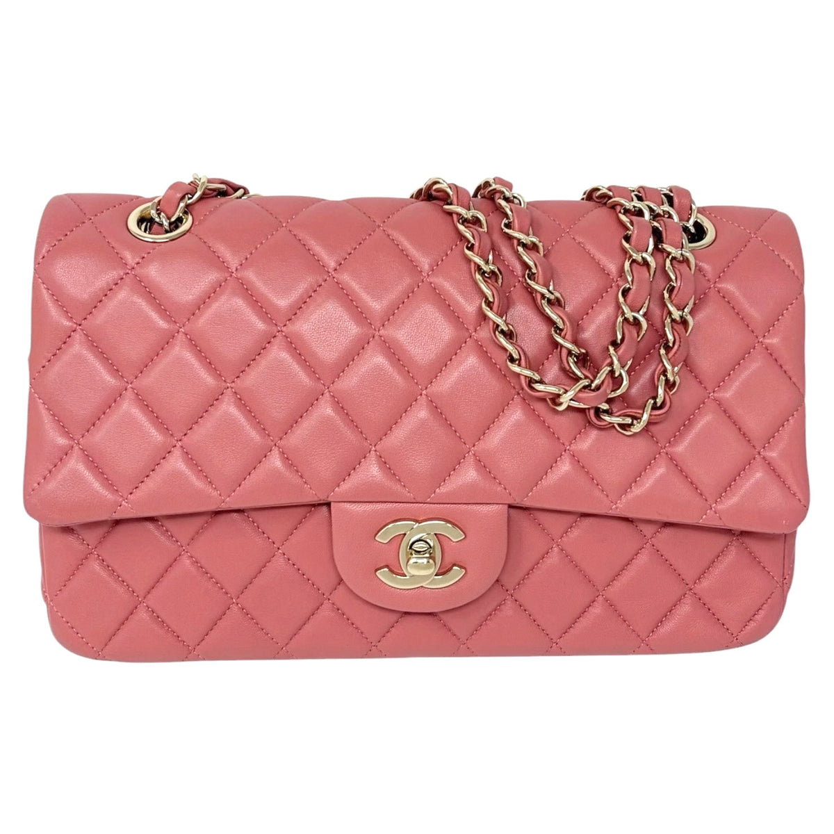 CHANEL Vintage CC Logo Quilted Double Chain 2way Bag Pink Gold Leather 902959