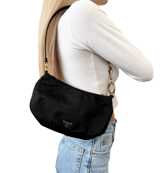 PRADA Vintage Mini Shoulder Nylon Bag Handbag Pochette Black Gold Logo