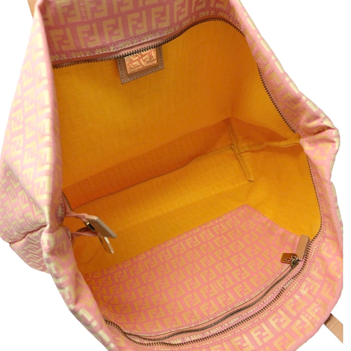 FENDI Vintage FF Logo Zucchino Tote Bag Pink Yellow Canvas Leather 901894