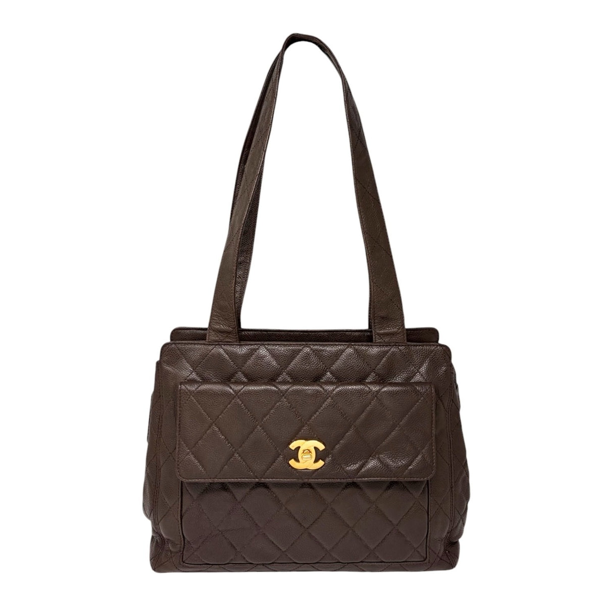 CHANEL Vintage CC Turnlock Quilted Front Pocket Shoulder Tote Bag Brown 902920