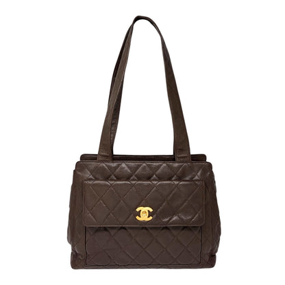 CHANEL Vintage CC Turnlock Quilted Front Pocket Shoulder Tote Bag Brown 902920