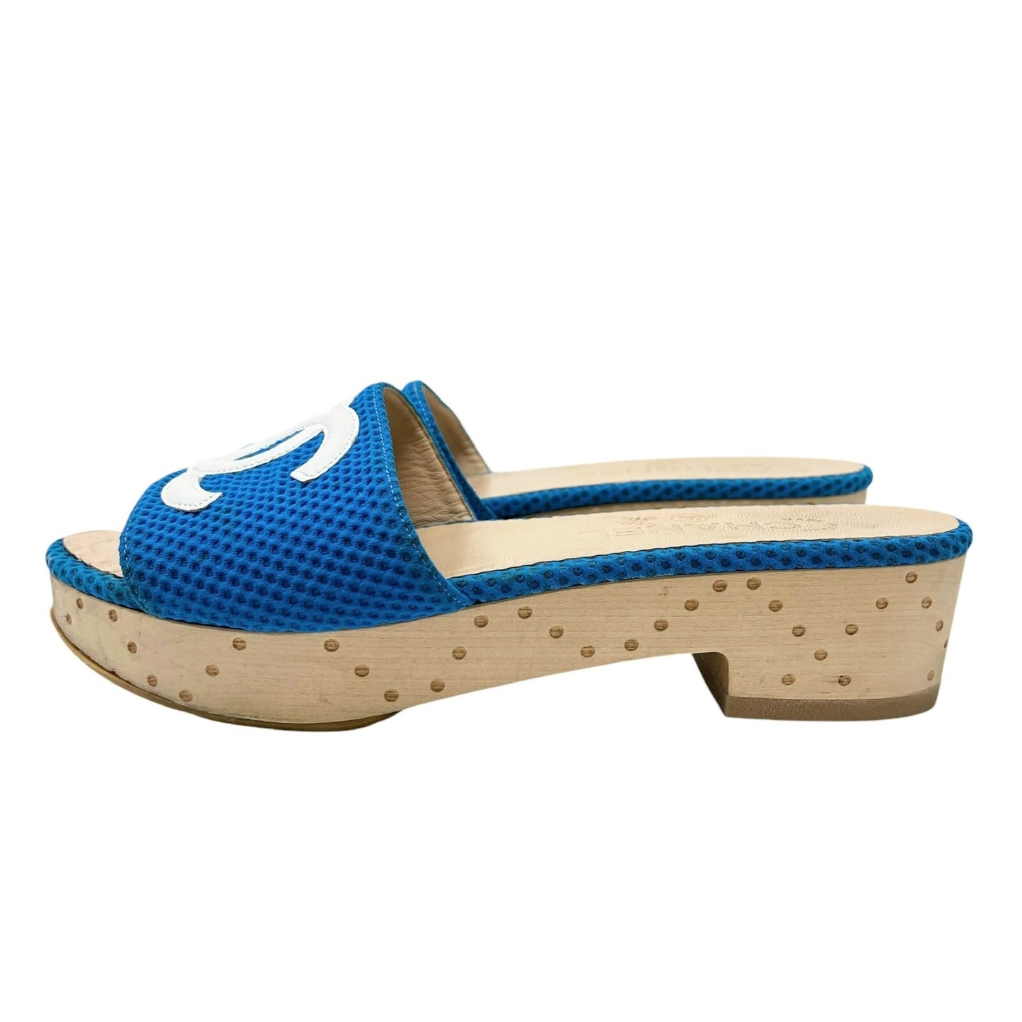 CHANEL Vintage CC Mark Logo Sandals #36.5-37 Mesh Blue White Cotton Leather