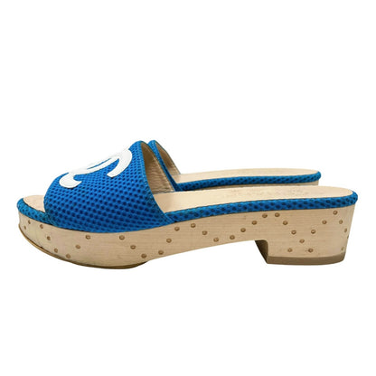 CHANEL Vintage CC Mark Logo Sandals #36.5-37 Mesh Blue White Cotton Leather