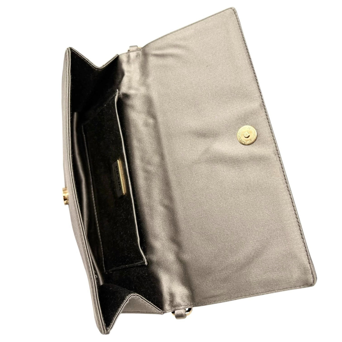 PRADA Vintage Logo Pochette Mini Hand Clutch Bag Satin Silver Gold 902499