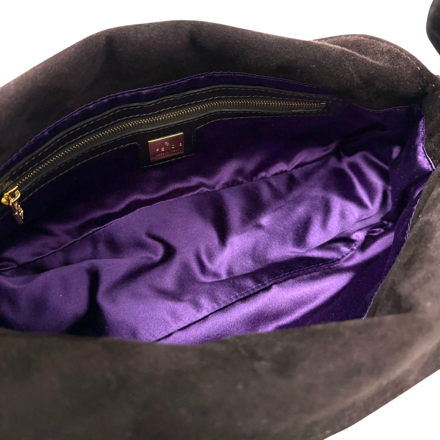 FENDI Vintage FF Logo Mamma Baguette Shoulder Bag Handbag Brown Gold Suede