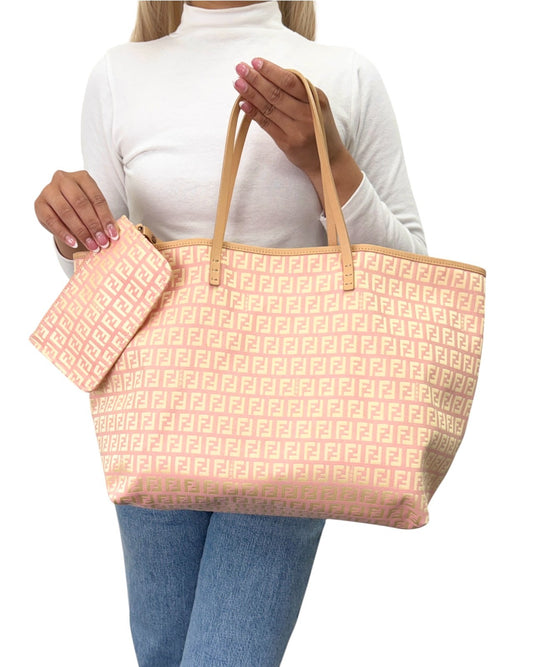 FENDI Vintage Zucchino Tote Shoulder Bag w/Pouch Pink Beige Canvas 902360