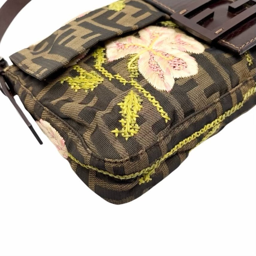 FENDI Vintage FF Zucca Mamma Baguette Flower Shoulder Bag Canvas Brown 901848