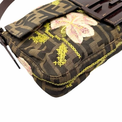 FENDI Vintage FF Zucca Mamma Baguette Flower Shoulder Bag Canvas Brown 901848