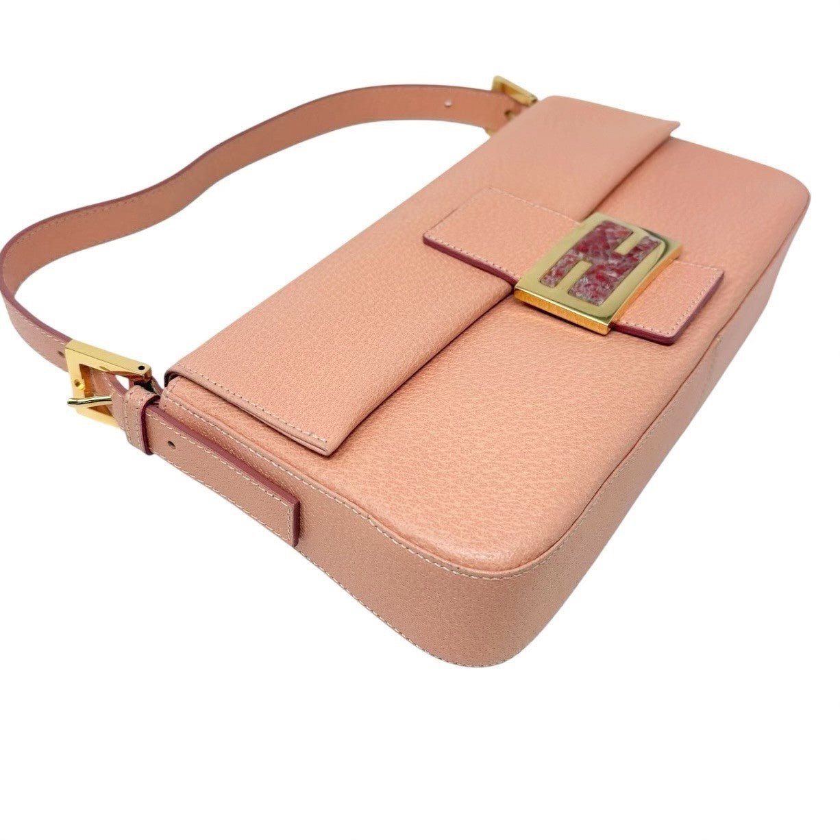 FENDI Vintage FF Logo Mamma Baguette Shoulder Bag Handbag Salmon Pink Leather