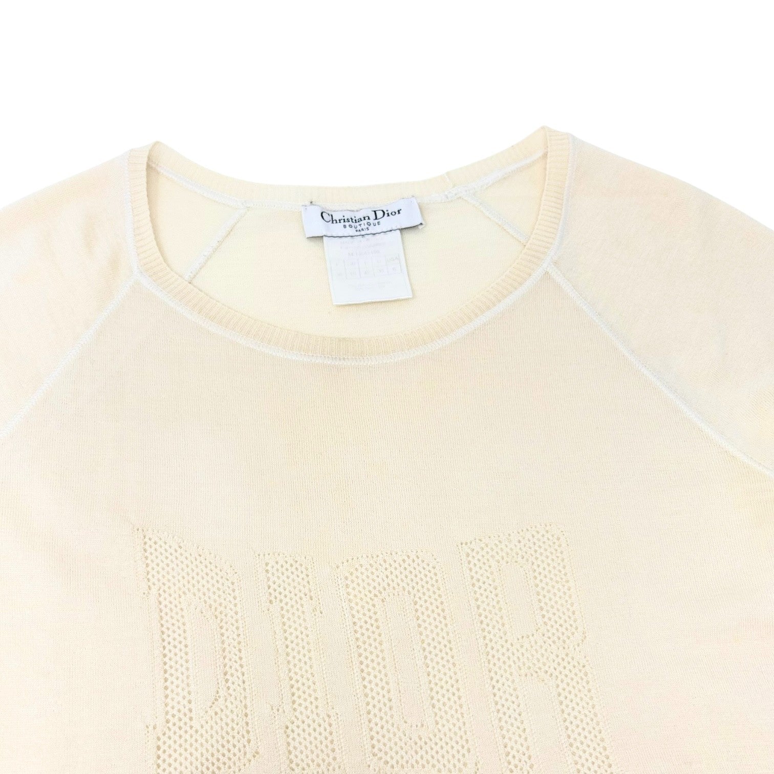 Christian Dior Vintage 2005 Knit T-shirt Top #38 Yellow Cream Wool 47 Mesh Logo