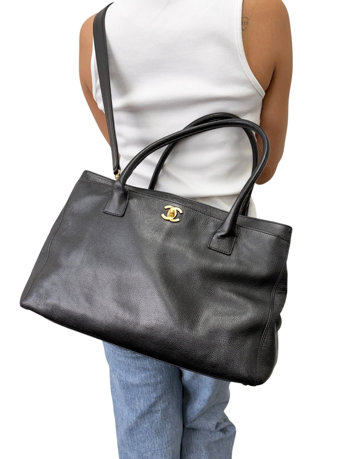 CHANEL CC Turnlock Executive Tote Shoulder Bag Black Gold Leather 902459