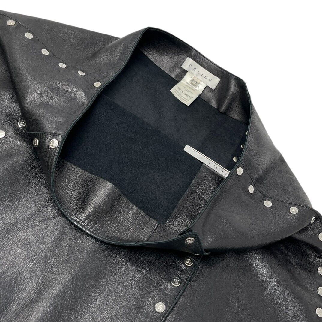 CELINE Vintage Macadam Logo Button Mini Skirt #38 Black Silver Leather