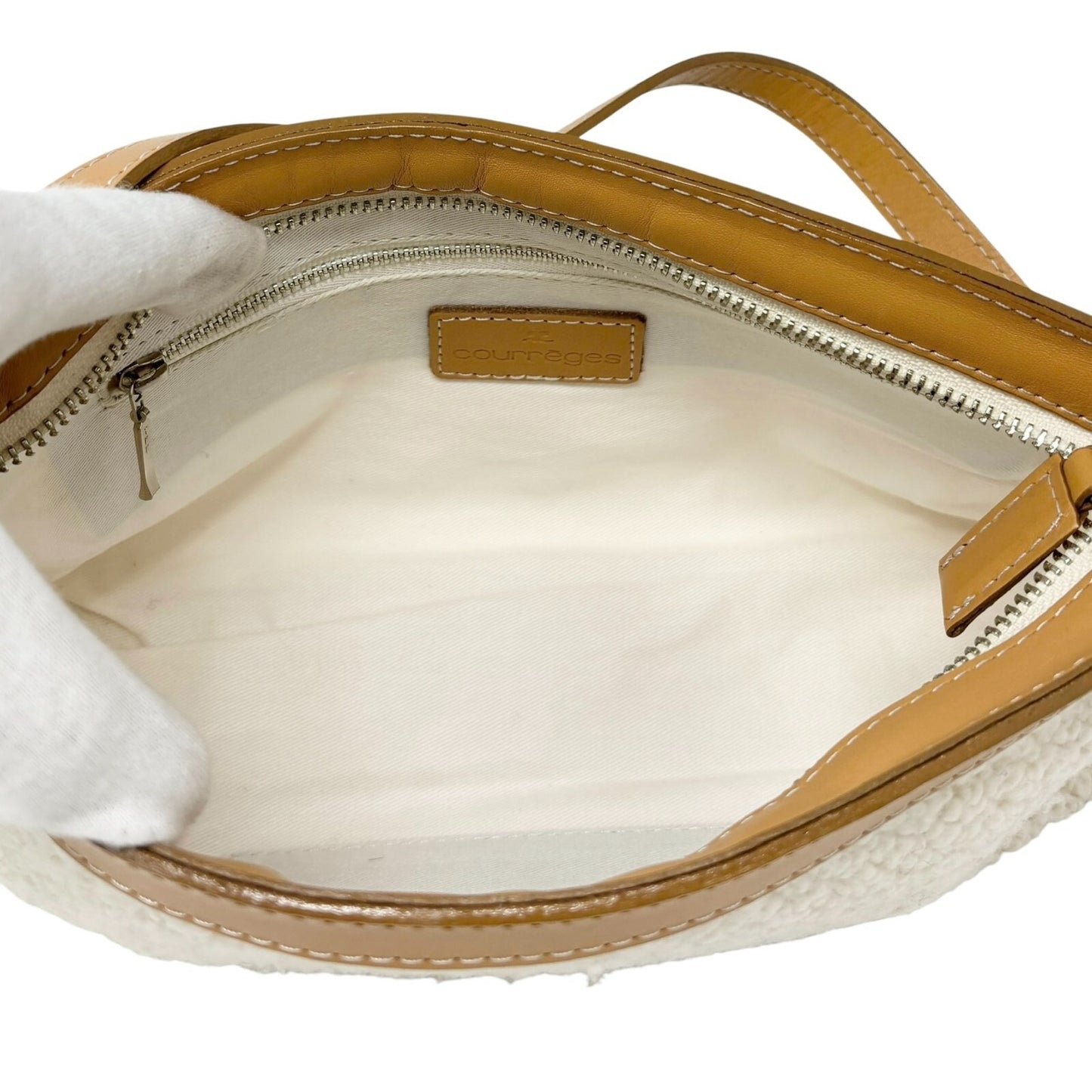 Courreges Vintage Logo Stitch Shoulder Bag Cream Brown Acrylic Leather Rank AB