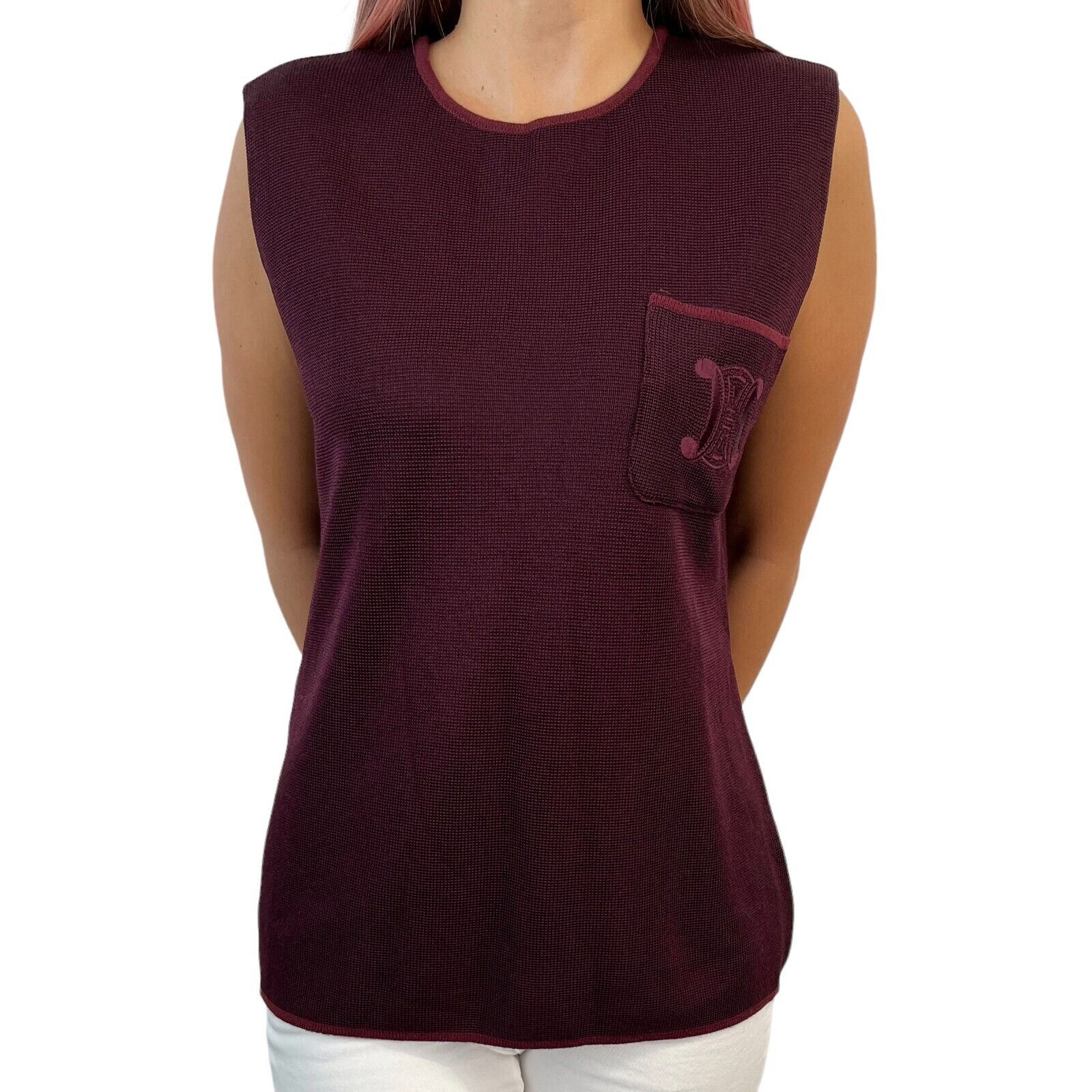 CELINE Vintage Logo Tank Top #38 Wine Red Sleeveless Top Nylon Pocket RankAB