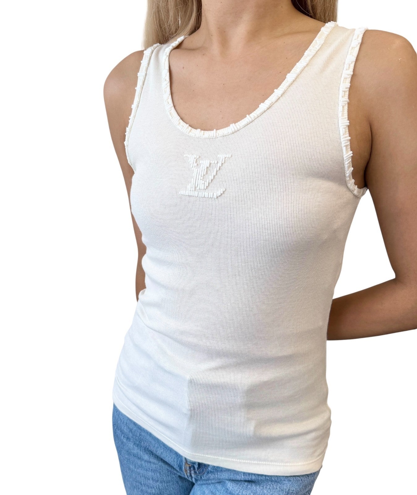 LOUIS VUITTON Vintage LV Logo Tank Top #M Beads Cream White Cotton Elastane