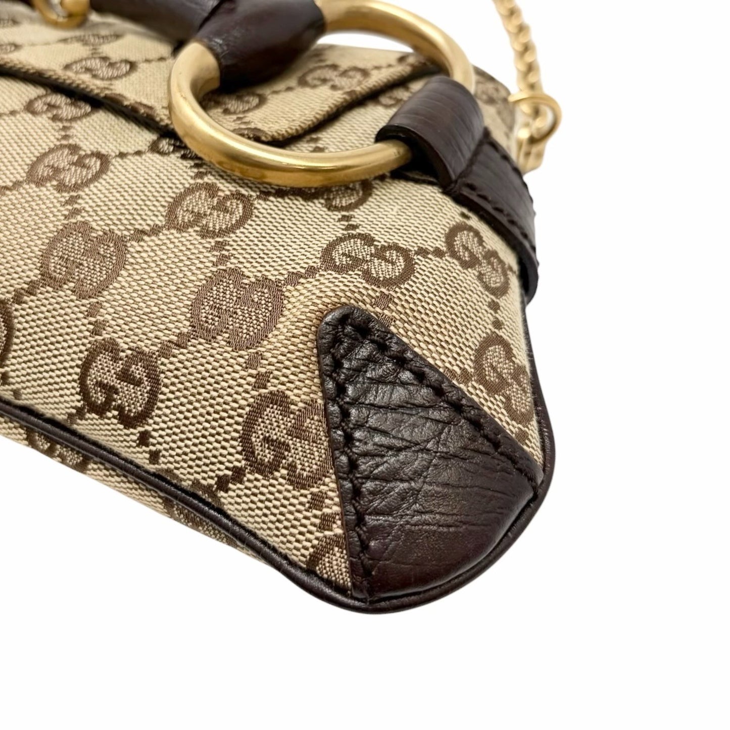 GUCCI Vintage GG Monogram Logo Horsebit Shoulder Bag Brown Gold Canvas 902099