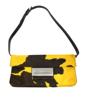 FENDI Vintage Cow Mamma Baguette Body Shoulder Bag Yellow Calf Hair Rank AB+