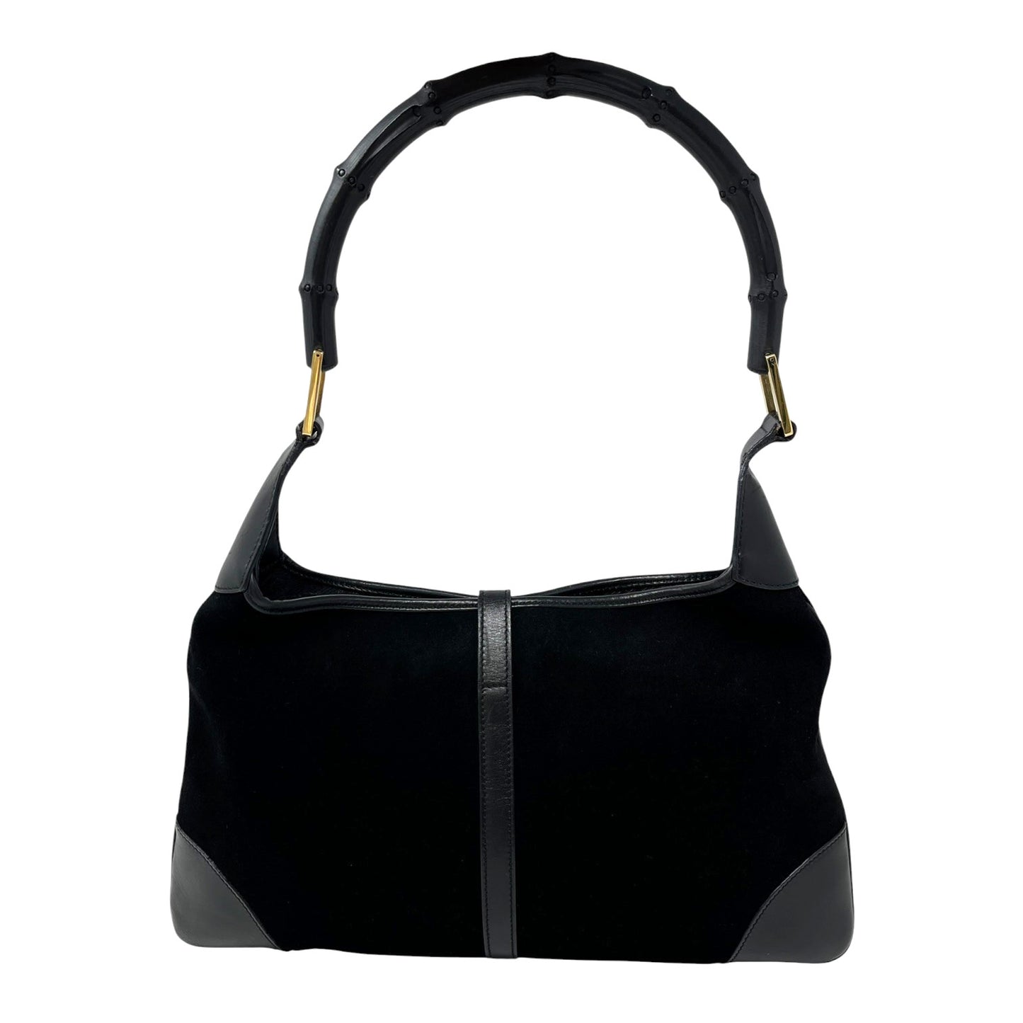 Gucci Vintage Bamboo Top Hobo Shoulder Bag Black Gold Suede Leather 106544