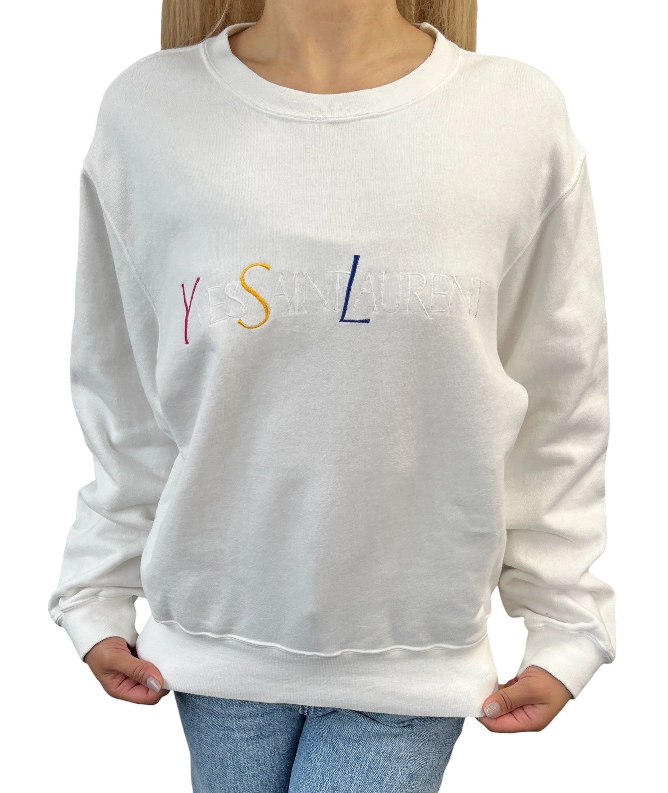 Yves Saint Laurent Vintage YSL Logo Sweatshirt Top #M White Cotton Long Sleeve