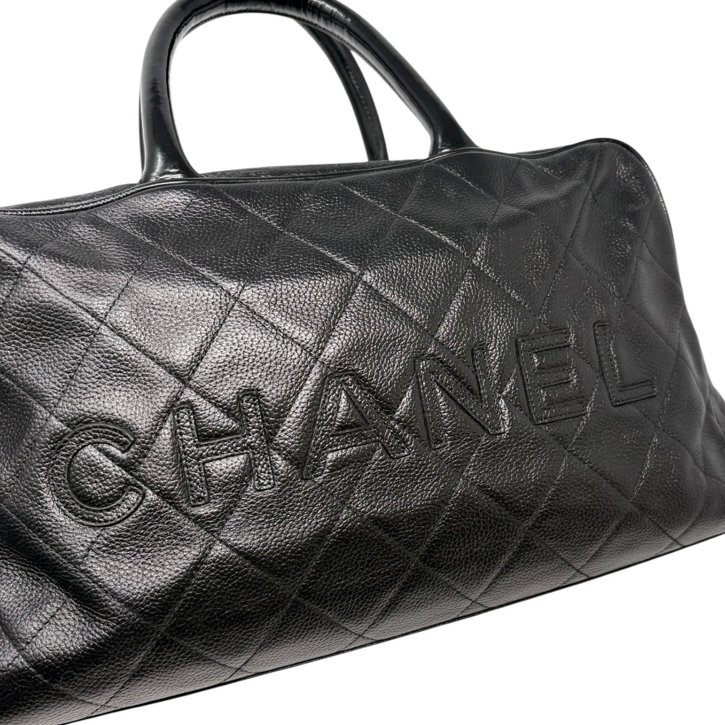 CHANEL Vintage CC Big Logo Quilted Leather Bowling Boston Bag Black Silver
