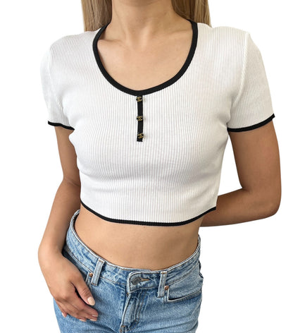 CHANEL Vintage 95P CC Logo Button Knit Cropped Ribbed T-shirt #42 White Cotton