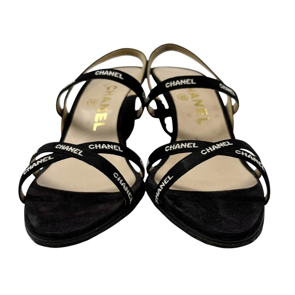 CHANEL Vintage 96C Logo Satin Ribbon Sandals Heels #36.5 Black White 902561