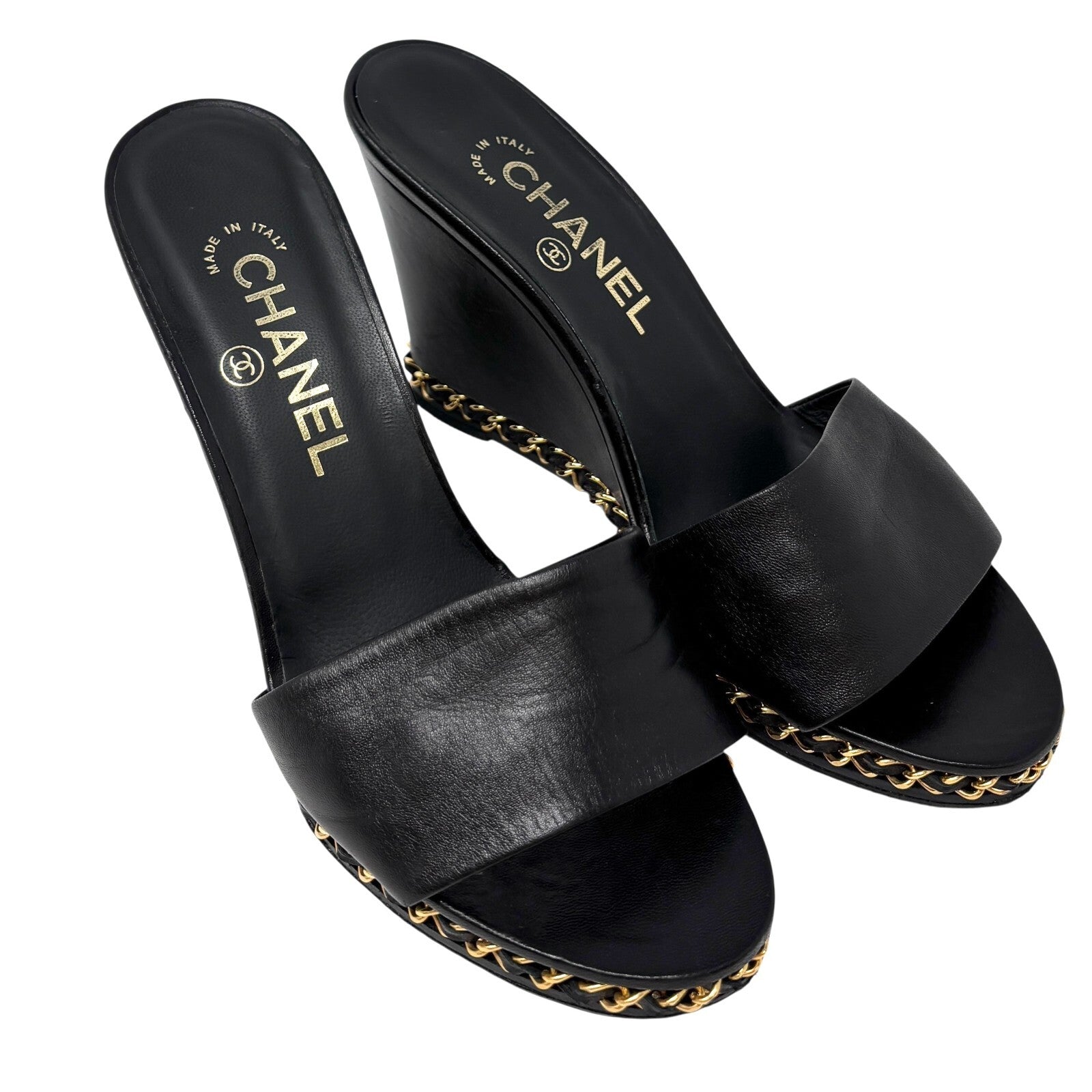 CHANEL Vintage CC Logo Chain Wedge Sole Sandals #37-38.5 Black Gold Leather