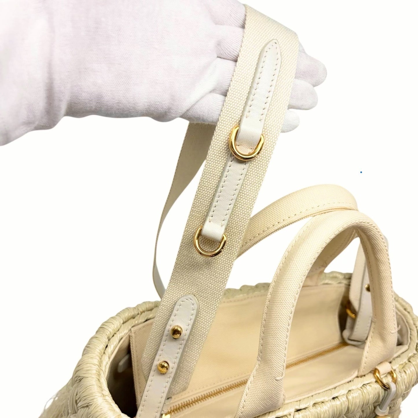 PRADA Vintage Fringe Raffia Straw Tote Crossbody Bag 2way Cream Gold 902091